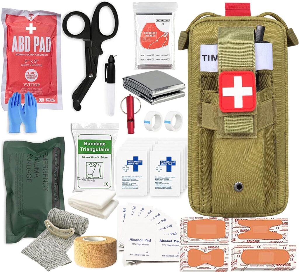 Med Kit Trauma Kit with Tourniquet, Emergency Survival First Aid Kits, EMT IFAK Medical Kit for Severe Bleeding Control, Military Camping and Hiking (Tan)